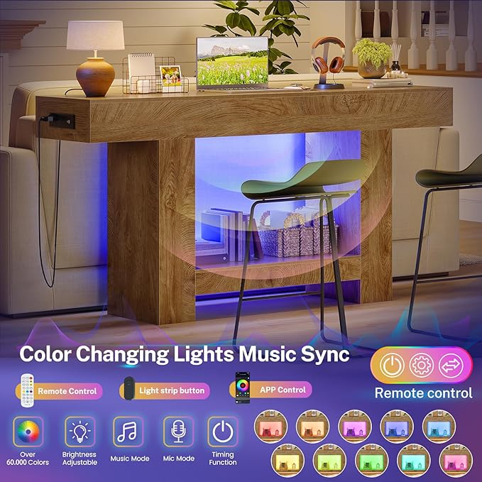 63" Long Console Table, Entryway Table with Charging Station and Adjustable LED Light, 2-Tier Sofa Table, Behind The Couch Table, Farmhouse Narrow Console Tables for Entryway, Living Room, Hallway