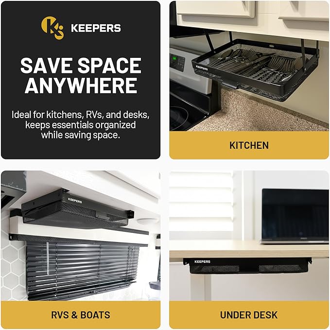 Anything Keeper - Compact Under-Cabinet Slide-Out Storage Drawer for Kitchen, Office, Desk, RV & Small Spaces | Hidden Organizer, Sturdy Steel, Easy Screw-In Mount, Fits 11x10x2.5 in - Black