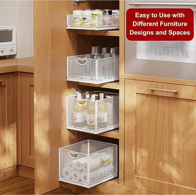 Pull Out Drawers for Cabinets Stackable or Single, Pull Out Cabinet Organizer, Adhesive Kitchen Cabinet Drawers Slide Out Pantry Shelves, Extra Rails