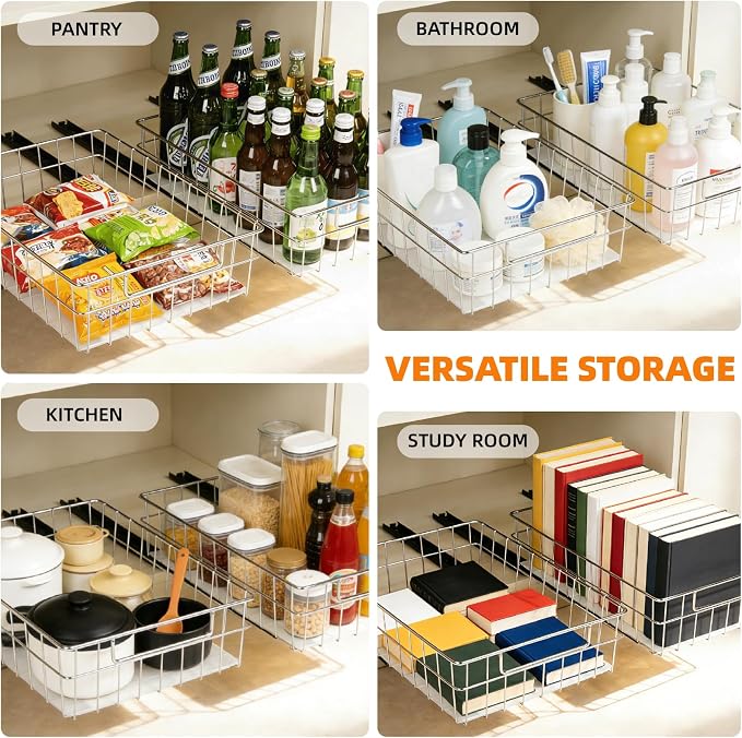 Pull Out Cabinet Organizer, 1 Pack Stainless Steel Pull Out Drawers for Cabinets with Silent Full-Extension Slides, Heavy Duty Kitchen Cabinet Organizer for Home Kitchen Pantry