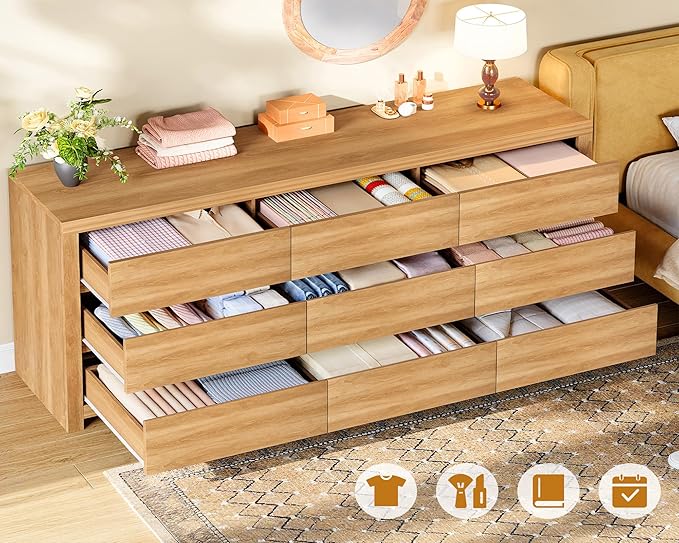 TEENFON 63" Dresser for Bedroom with 9 Drawers, Modern Dressers & Chests of Drawers with Metal Handles, Wooden Dresser TV Stand, Bedroom Dressers, for Bedroom, Hallway, Natural