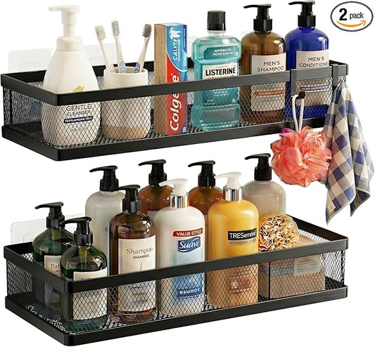 PUSDON Mesh Shower Caddy Wall Mount, Heavy Duty Adhesive Bathroom Shelf Organizer, Rustproof Floating Spice Rack for Kitchen Pantry, Holds 50 LBS, Multi-Purpose Storage Black-2 Packs (Netting)