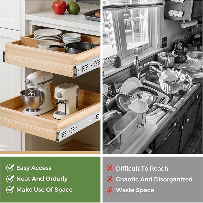 Wooden Pull Out Cabinet Organizer 24" W x 21" D x 3" H Solid Wood Drawer with Soft Close Slides Bottom or Side Mount for Pantry Bathroom