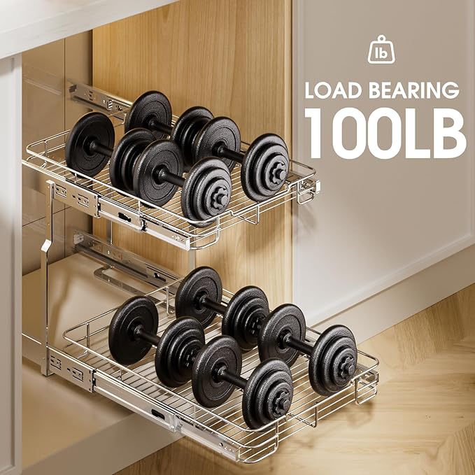 Delamu Pull Out Cabinet Organizer 2-Tier 14" W x 21" D Heavy Duty Chrome-Plated Slide Out Drawers, Kitchen Drawer Organizer Pull Out Shelves for Pots & Pans, Home Pantry Cans & Spices, Silver