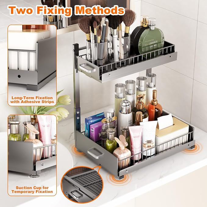 2 Pack Under Sink Organizer, 2 Tier Slide Out Cabinet Organizer with Pulley, Height Adjustable Pull Out Shelf for Kitchen, Bathroom, Laundry and Utility Storage, Gray