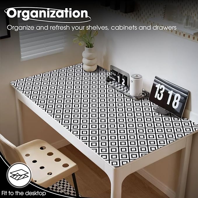 Drawer and Shelf Liner, Non-Slip Kitchen Cabinet Liners Non-Adhesive Thick Strong Grip Waterproof Washable Mats Protect Dresser Shelves Cupboard Bathroom Cabinets, Black & White, 18 in X 30 FT