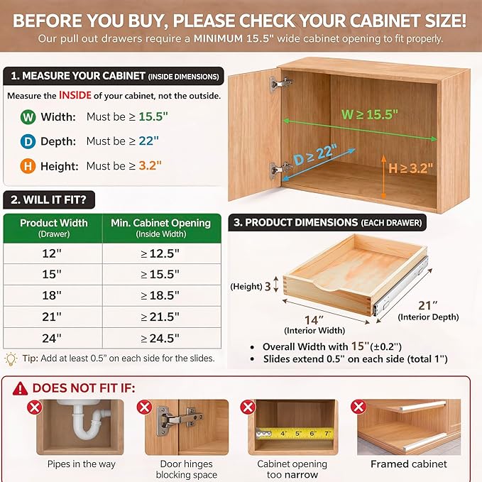 Menkxi 2 Set Wooden Pull out Cabinet Organizer Fully Assembled Slide out Pantry Drawer with Gentle Close Storage Shelf Tray for Base Kitchen Under Sink Bathroom Accessory(Wood Color,15'' X 21'' X 3'')
