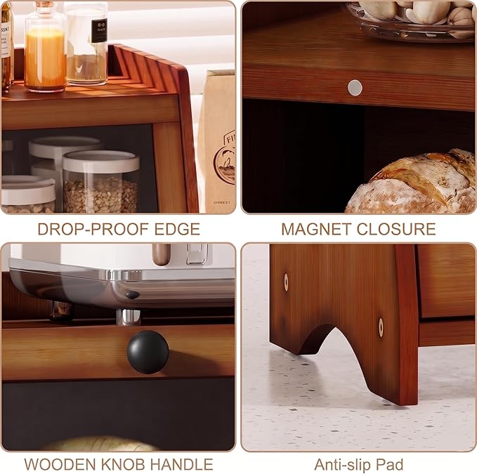 BAMBANG Bread Box for Kitchen Countertop, Bamboo Bread Box for Homemade Bread, Wooden Farmhouse Bread Storage Container, Large Breadbox Bread Bin Organizer for Counter Cabinet Pantry, Brown