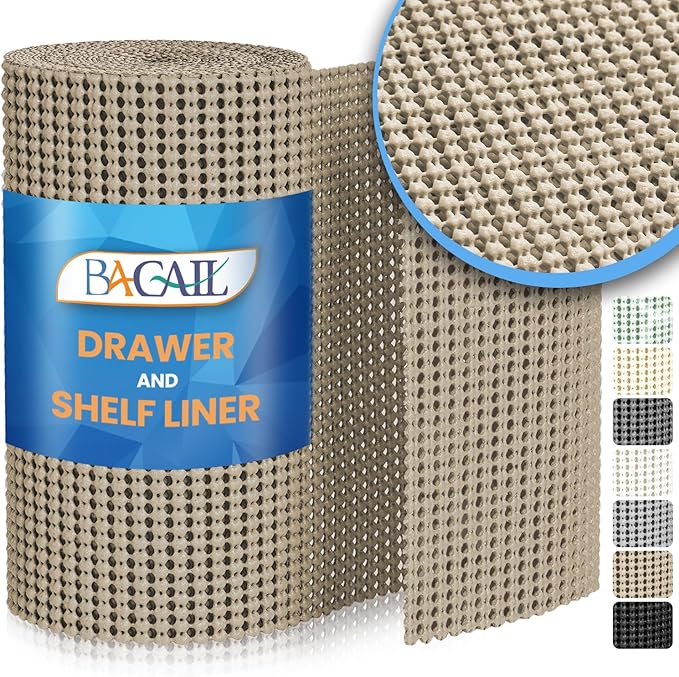 BAGAIL Non-Adhesive Shelf Liner, Thick Strong Grip Drawer Liners for Kitchen Cabinets, Heavy-Duty Easy Cut Cabinet Liners for Shelves, Pantry, Bathroom Cupboards - 12" x 10FT, Beige