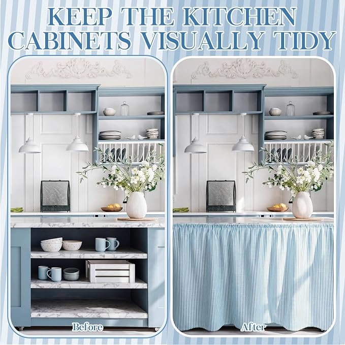 VitalCozy Cabinet Curtain 28" W x 51" L Sink Skirt for Bathroom Kitchen Blue Stripes Short Curtain for Home Classroom Farmhouse Rustic Drape Under Desk Privacy Drape for Laundry Room