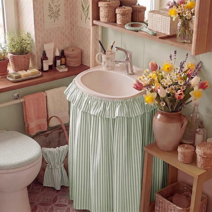 Green Ruffle Gingham Sink Skirt Self-Adhesive Bathroom Stitch Self Stick Adhesive Fabric Under Sink Curtain Skirt 32 x 55 in for Bathroom Kitchen Laundry Utility Room Decor(Stripe)