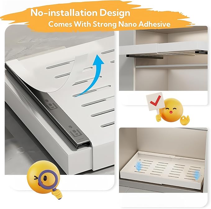 Pull Out Cabinet Organizer 16.54 inch Deep,Expandable Pull out Drawers for Cabinets Adhesive with Film, No Drill Slide Out Drawers for Kitchen Cabinets (Medium-Grey)