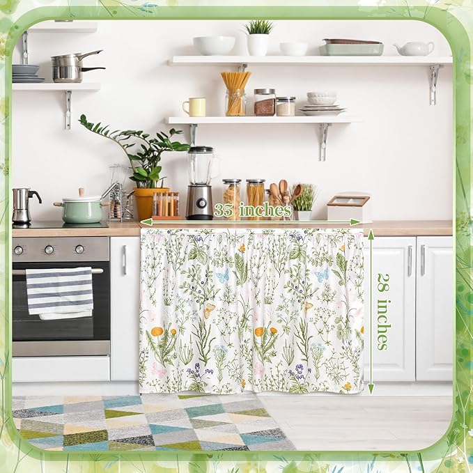 VitalCozy Cabinet Curtains 27.6" W x 35.4" L Sink Skirt for Bathroom Kitchen Spring Botanical Floral Cabinet Curtains for Classroom Home Farmhouse Rustic Drape Under Desk Privacy Drape for Laundry