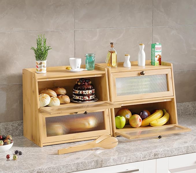 Bread Box for Kitchen Counter, Double Layer Wooden Large Capacity Bamboo Bread Storage Container with Window Bread Holder (Natural Bamboo)