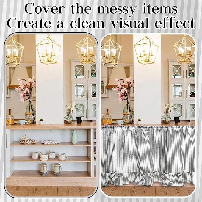 VitalCozy Cabinet Curtain 28" W x 51" L Grey Ruffles Sink Skirt for Bathroom Kitchen Grey Strips Short Curtain for Home Classroom Drape Under Desk Privacy Drape for Laundry Room