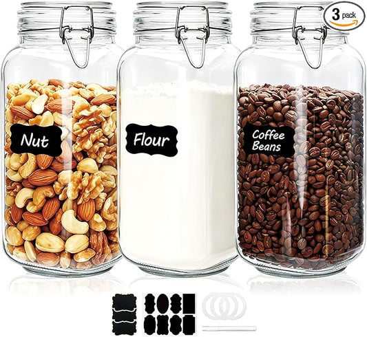 Flrolove 78oz Glass Storage Jars with Airtight Lids Set of 3, Pantry Storage Containers with Lids, Square Large Airtight Glass Jars, Perfect for Kitchen Canning Cereal, Pasta, Flour, Coffee Beans