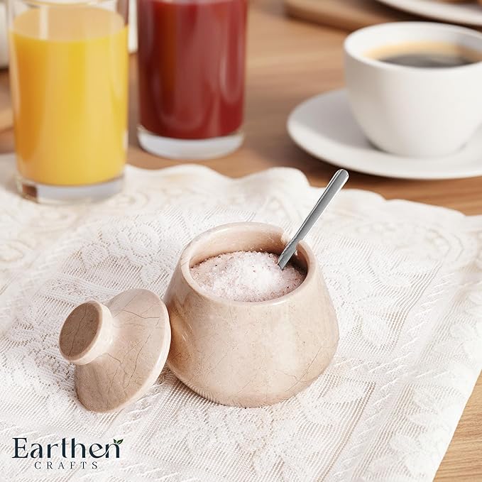 Marble Salt Cellar with Lid 3 Inches Beige Salt Keeper Salt Box, Seasoning Container & Spice Jar with Spoon, Stone Salt Holder for Countertop, Ideal Gift for Home & Kitchen Decor