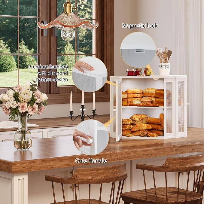 Corner Bread Box for Kitchen Countertop,Bread Storage for Homemade Bread, Double Layer Large Bamboo Kitchen Storage Bin with Window (White, Large)