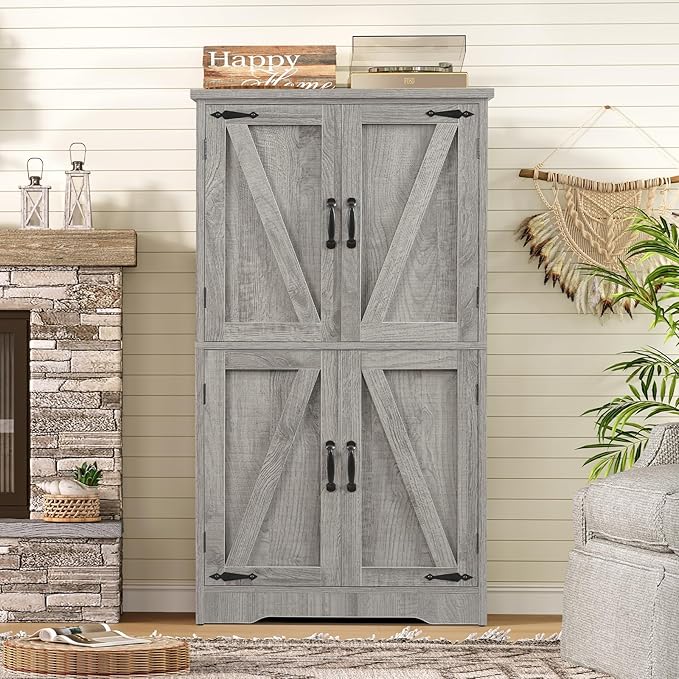 TEENFON Farmhouse Storage Cabinet with 2 Adjustable Shelves, Bathroom Cabinet with 4 Doors, Cupboard for Kitchen, Living Room, Rustic Gray