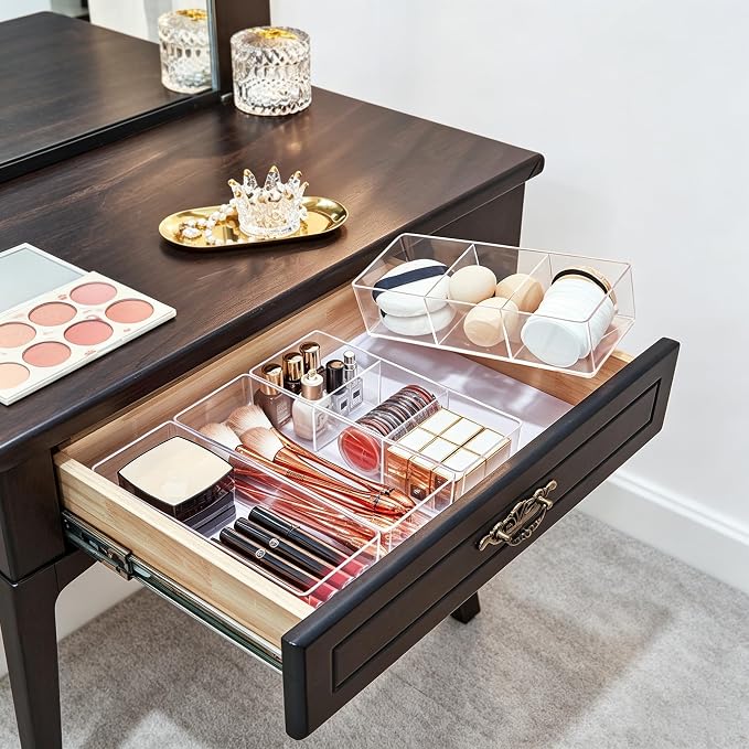 3-Compartment Clear Acrylic Organizer, Makeup Sponge & Puff Holder for Vanity Countertop, Bathroom, Cosmetic Station & Dressing Table