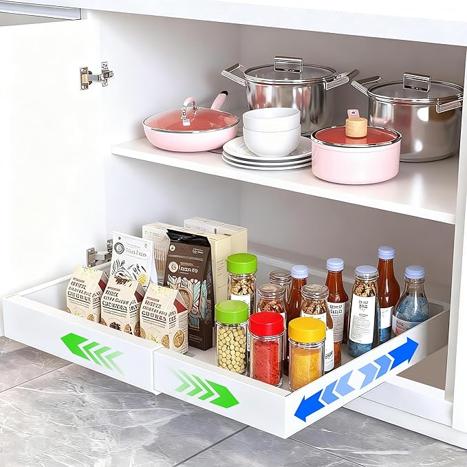 Pull Out Drawers for Cabinets, 1 Pack 21" Deep Expandable Slide Out Drawer for Kitchen Cabinets Adhesive Pantry Pullout Shelves Load-Bearing Upgrade 3 Slide Rails White