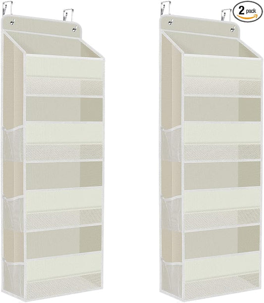 SpaceHacks 2 Pack Over The Door Organizer, Hanging Storage Organizer with Clear Window, 40lb Ultra Sturdy Large Capacity Room Organizer for Pantry Laundry Bathroom Nursery Closet (Beige)