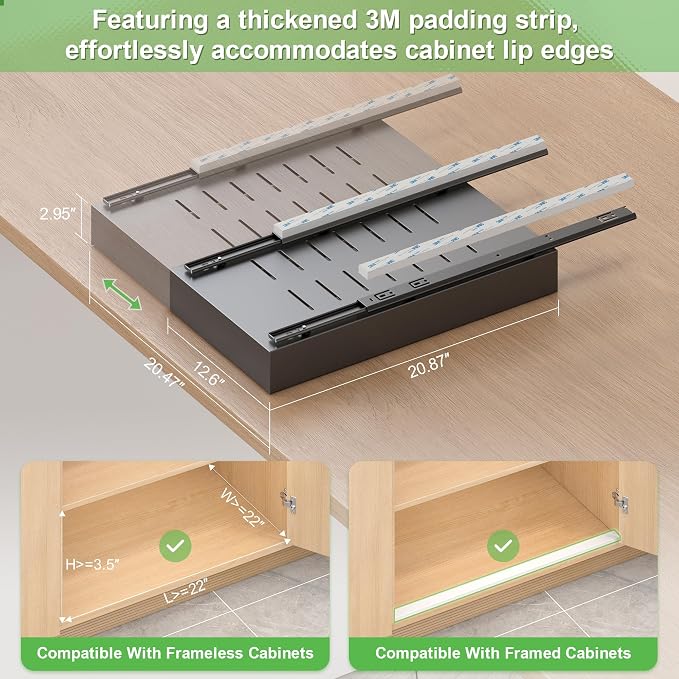 Expandable Pull-Out Cabinet Organizer - Black 21" D x Adjustable Width 12.6-20.47", No Drill Adhesive Installation with 3-Slide Rails for Kitchen Storage (2 Pack)