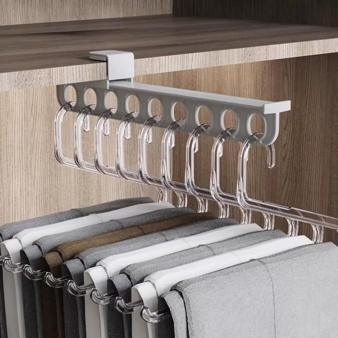 Closet Valet Rod Slide Out, 9-Holes Plastic Pull Out Pants Rack for Closet, Silent Slide Valet Rod, No-Drill Space-Saving Organizer, Gray