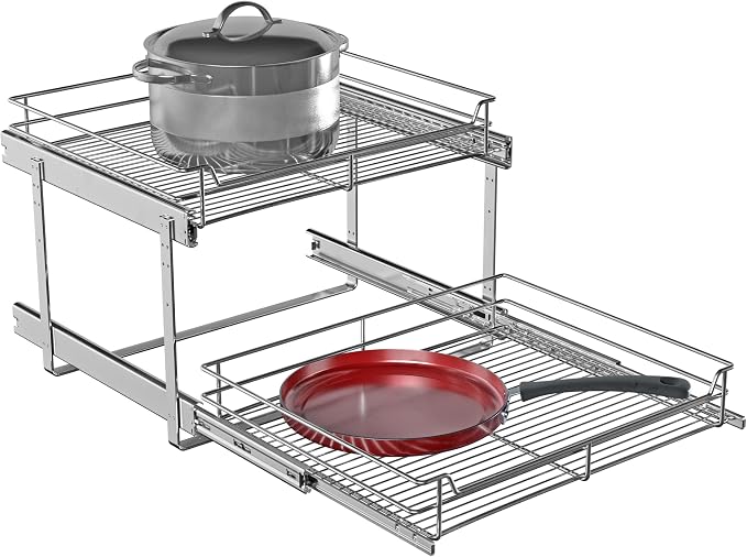 JOWBOOW 2-Tier Cabinet Pull Out Shelves (20" W x 22" D), Slide Out Shelves for Kitchen Cabinets, Metal Pots and Pans Organizer for Under Cabinet