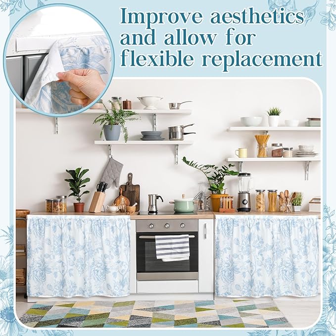 VitalCozy Cabinet Curtain 28" w x 35.4" L Sink Skirt for Bathroom Kitchen Blue Flower Floral Spring Short Curtain for Home Classroom Farmhouse Rustic Drape Under Desk Privacy Drape for Laundry Room