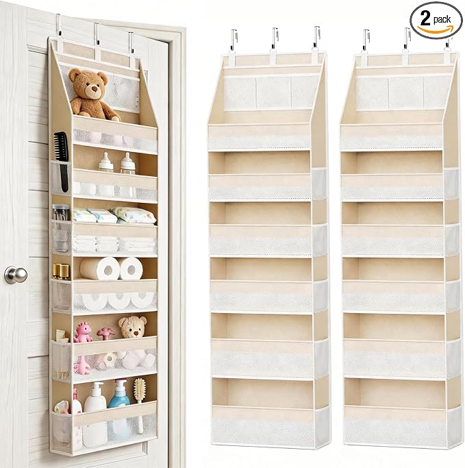 KMSCO Over The Door Organizer, 6 Large Pockets + 13 Mesh Side Pockets, Hanging Storage, 55lbs Capacity, Heavy Duty Non-Woven Fabric for Baby Nursery, Bathroom, Pantry, Closet, Beige, 2 Pack