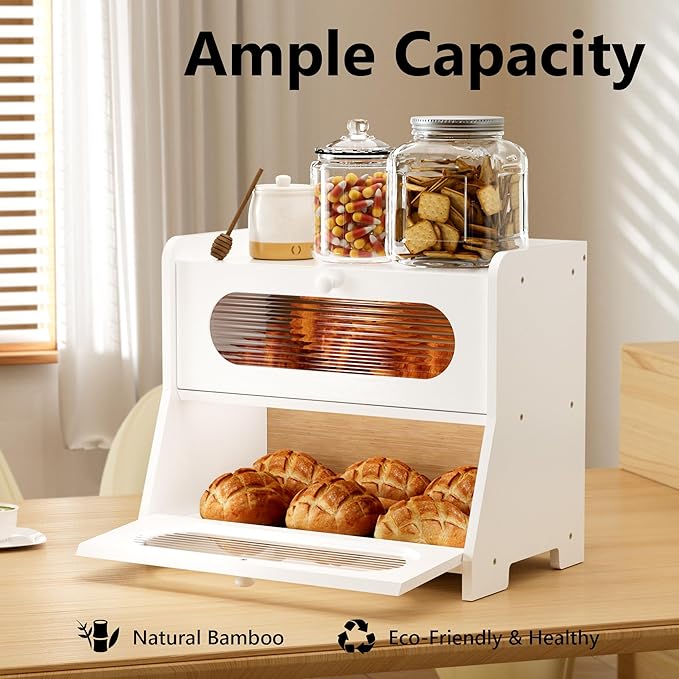 Bread Box for Kitchen Countertop,Large Capacity Double Layer Kitchen Countertop Organizer,Bread Storage with Acrylic Window for Cabinet,Pantry,Cupboard(White)