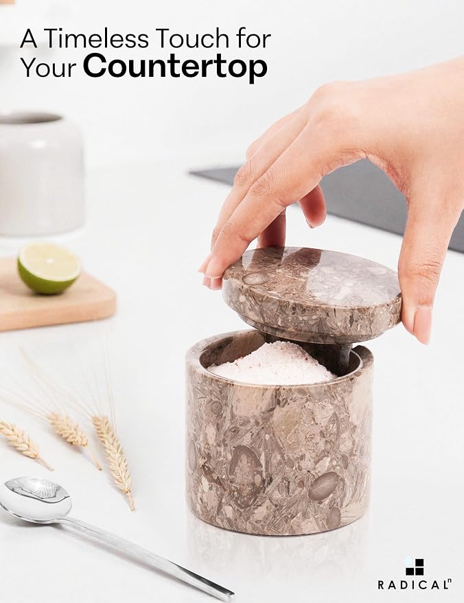 Radicaln Marble Salt Cellar with Lid and Tray 3" Inch Oceanic and White Handmade Salt Dish For Kitchen Countertop, Ideal Set of 2 Seasoning Jars & Table Salt Container For Table