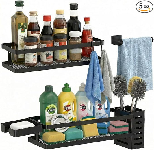 PUSDON 5-in-1 Shower Caddy & Kitchen Organizer Set, Wall Mount Wide Spice Rack with Paper Towel Holder, Utensil Holder, Soap Dish, Rustproof Mesh Baskets Hold 50LBS - Matte Black, Guardrail
