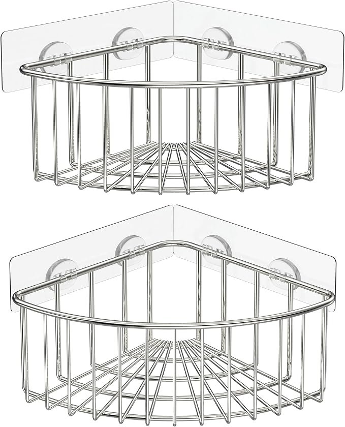 SMARTAKE 2-Pack Corner Shower Caddy Deep Basket Design, SUS304 Stainless Steel, Wall Mounted Bathroom Shelf with Adhesive, Storage Organizer for Toilet, Dorm and Kitchen (Silver)