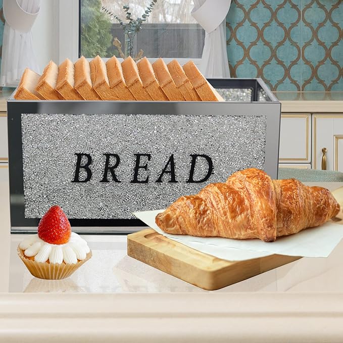Large Crystal Glass Bread Container Box with Lid, 12.2" L x 6.3" W x 7.9" H Silver Homemade Bread Storage, Crushed Diamond Home Decor, Keep Bread Fresh Clean, Bread Bin for Kitchen Countertop