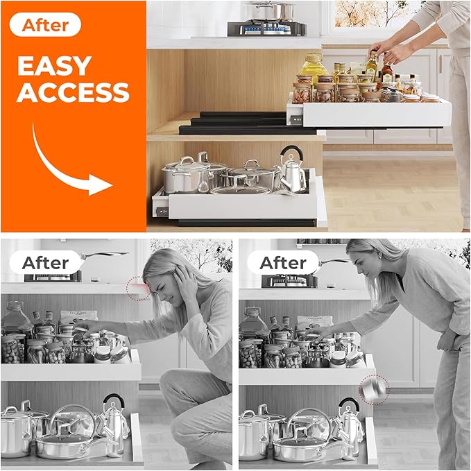 UFORU Pull Out Cabinet Organizer,4-Side Expandable Slide Out Drawer with 3 Rails, Adjustable Width 11.4"-18.9" & Depth 16.3"-21.7", No Drill Adhesive or Nail Fixed Roll Out Shelves for Kitchen, Pantry