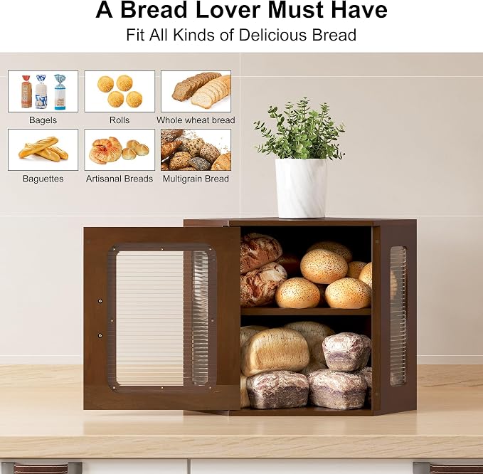 TQVAI Bread Box for Kitchen Countertop Large Corner Bread Loaf Storage Container Double Layer Wooden Bread Boxes Bin Farmhouse Pantry Shelf with Acrylic Window, Retro Brown