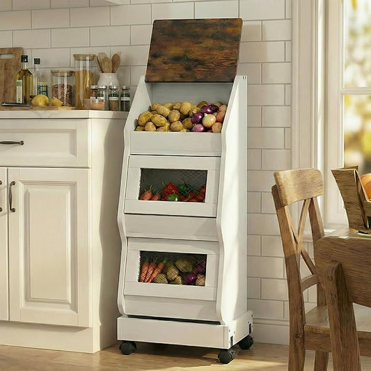 ARTETHYS Potato and Onion Storage Bin with Wheels Movable White Potato Box Holder for kitchen with Lid Onion Organizer with Grocery Section Decorative Vegetable Organization Cabinet