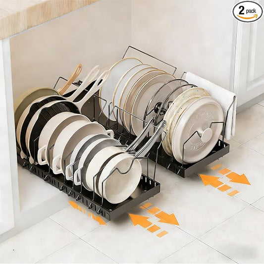 DTUQYX Pull Out Pot and Pan Organizer - 2 Pack Pots and Pans Organizer Under Cabinet Expandable Kitchen Pot Lid No Drill with 20 Adjustable Dividers and Towel Bar（Black,16.53-21.25in）