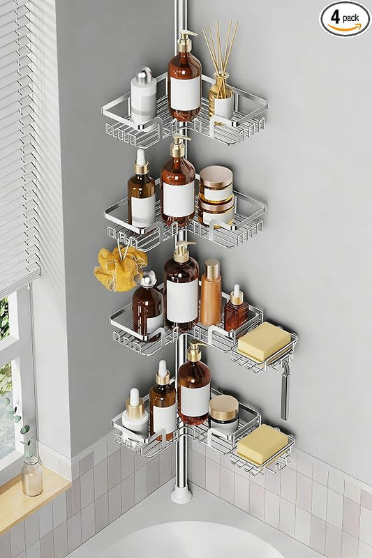 Shower Caddy Corner for Bathroom, Tension Pole, Adjustable 25in-114in Floor to Ceiling, Standing Shower Tension Rod Organizer, 4 Tier Storage Shelves with 2 Soap Holders/Hanging or Adhesive, Silver