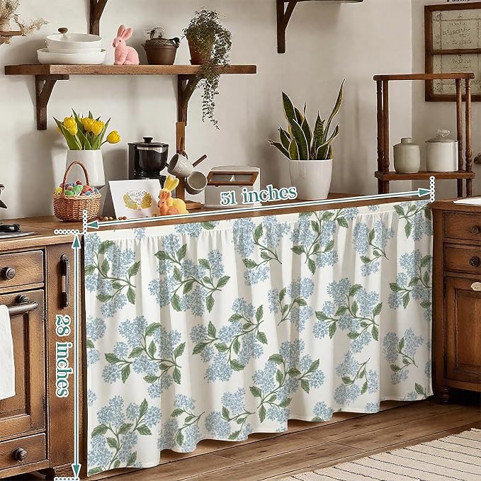 MUGINYU Cabinet Curtains 28" W x 51" L Sink Skirt for Bathroom,Blue Green Floral Hydrangea Short Curtains for Kitchen &Classroom,Vintage Farmhouse Closet Dishwasher Curtain with Velcro