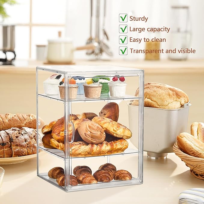 SANKEU Pastry Display Case,Bread Box for Kitchen Countertop,4 Layers Detachable Clear Bread Storage with Magnetic Door Bakery Pastry Display15.5x11.4x9.8,2 Pack