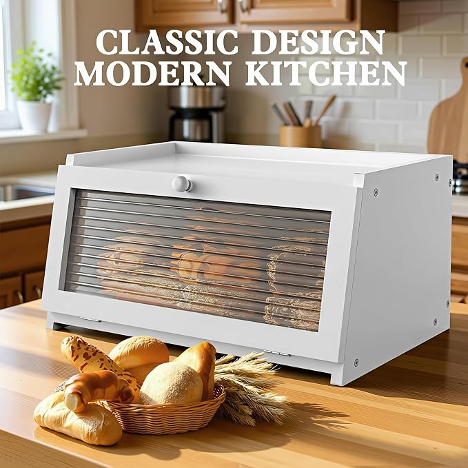 LOHASOK Bread Box for Kitchen Countertop Large Farmhouse Bread Container Bread Storage with Window Wooden Bread Holder White