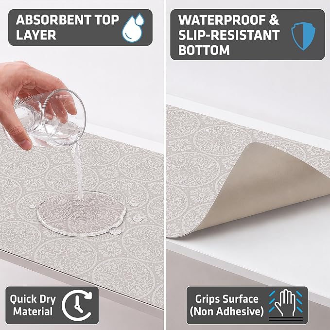 Drymate Premium Luxury Shelf & Drawer Liner, Thick Cushioned Fabric, Non-Adhesive, Absorbent, Waterproof, Slip-Resistant, Liners for Kitchen Cabinets, Cupboards (USA Made)(12”x59”)(2-Pack)(Tan)
