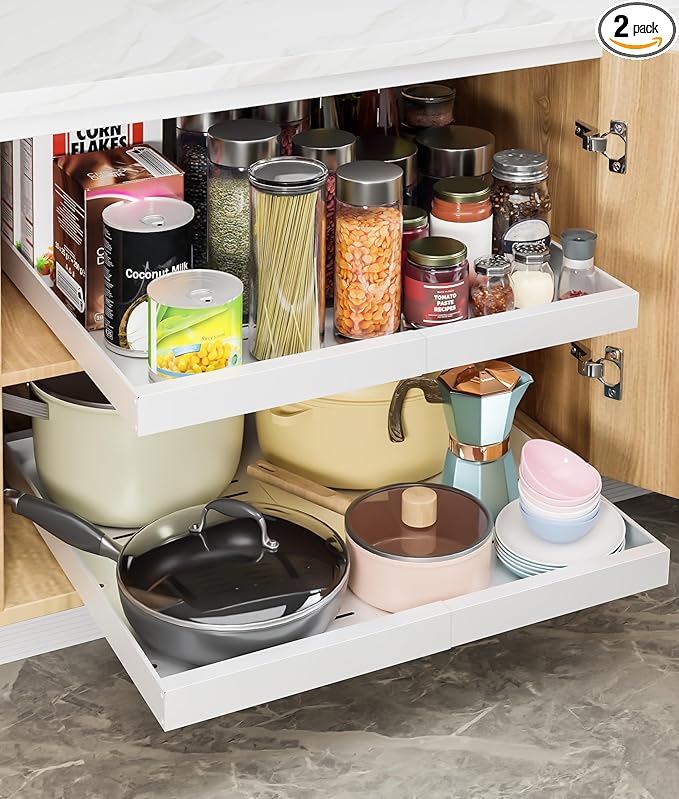 2 Pack Pull Out Cabinet Organizer, No-Drill Expandable Slide Out Drawers for 21" Deep Cabinets (12.3"-21.8" Width), 3-Slide Rail, Easy Assembly pull out drawers for Kitchen, Pantry, Bathroom - White