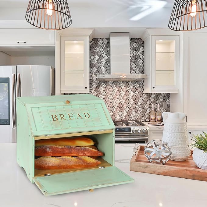 HOMEKOKO Double Layer Large Bread Box for Kitchen Counter, Retro Design Wooden Large Capacity Bread Storage Bin (Mint Green)