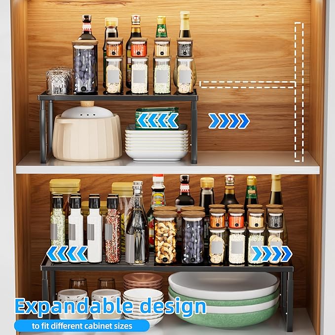 Shelf Organizer Stackable 2 Pack: Expandable (15.8"-25.5") Spice Rack Height Adjustable(6.2"/7.3"/8.5") Kitchen Organizer Countertop Metal Shelves for Pantry Storage Black