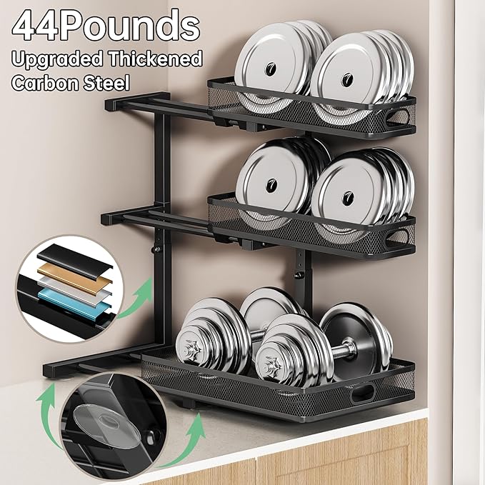 Under Sink Organizer, Black, 3-Tier, 2 Pack | Height Adjustable, Thickened Metal, Pull Out Cabinet Organizer Shelf, Space-Saving Slide Out Storage Drawer Rack