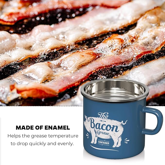 PGYARD Mini Bacon Grease Container With Strainer - 15OZ Enamel Grease Saver, Farmhouse Bacon Grease Keeper For Kitchen Fat Storage, Dishwasher Safe-Blue